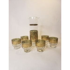 Vintage Culver Signed 24K Gold Green Toledo Cocktail Martini Pitcher & 6 Glasses